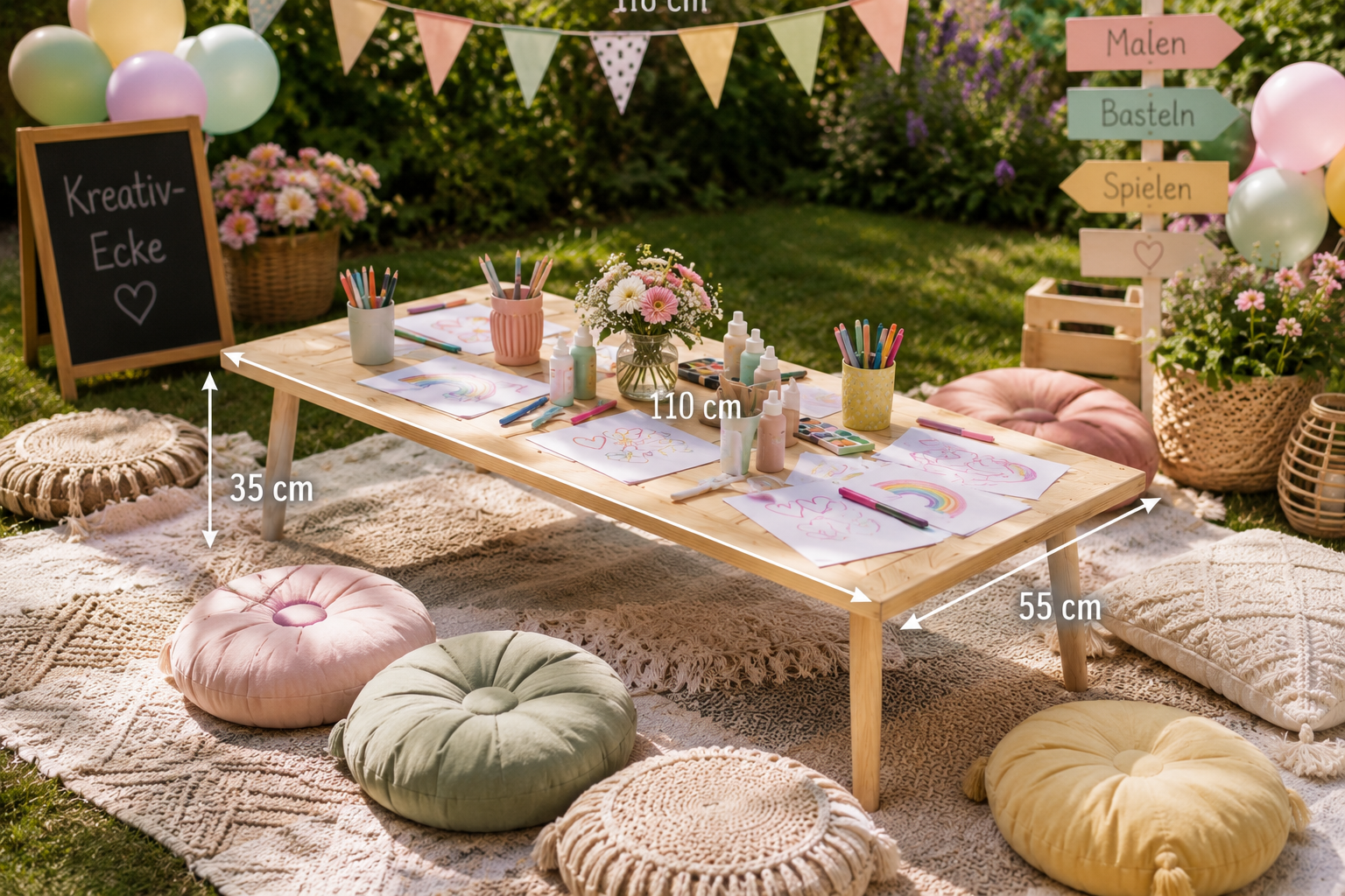 Kindertisch mieten_Inspo Bild mit KI erstellt_mit Abmessungen